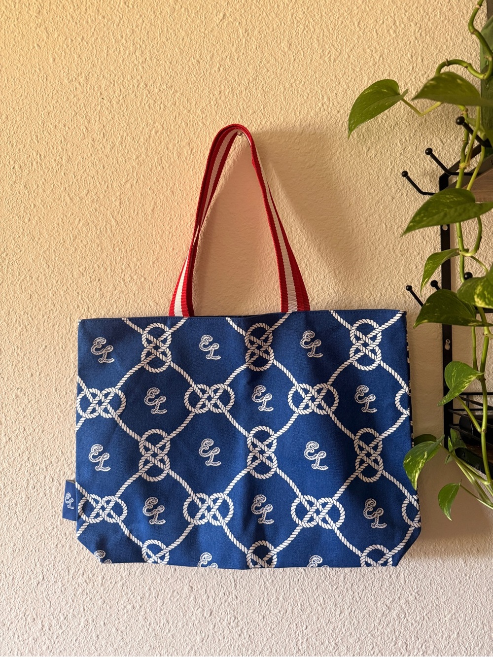 Estee Lauder Blue Nautical Rope Print Tote with Red Handles